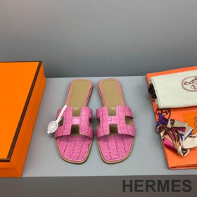 Hermes Oran Slides Women Crocodile Leather Pink