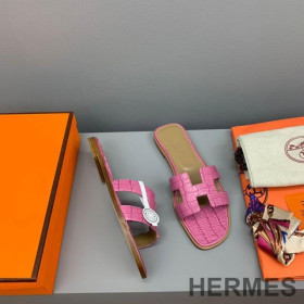 Hermes Oran Slides Women Crocodile Leather Pink