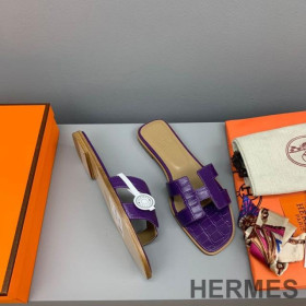 Hermes Oran Slides Women Crocodile Leather Purple