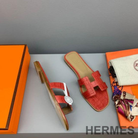 Hermes Oran Slides Women Crocodile Leather Red