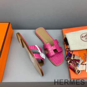 Hermes Oran Slides Women Crocodile Leather Rose