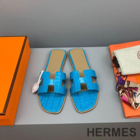 Hermes Oran Slides Women Crocodile Leather Sky Blue