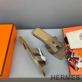 Hermes Oran Slides Women Crocodile Leather Taupe