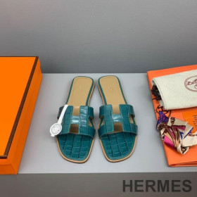 Hermes Oran Slides Women Crocodile Leather Teal