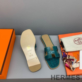 Hermes Oran Slides Women Crocodile Leather Teal