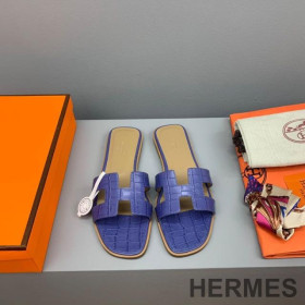 Hermes Oran Slides Women Crocodile Leather Violet