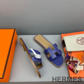 Hermes Oran Slides Women Crocodile Leather Violet