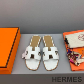 Hermes Oran Slides Women Crocodile Leather White