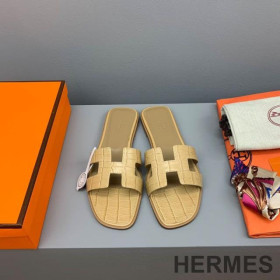 Hermes Oran Slides Women Crocodile Leather Yellow