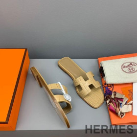 Hermes Oran Slides Women Crocodile Leather Yellow