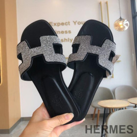 Hermes Oran Slides Women Glitter Leather Black/Silver