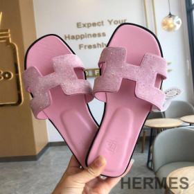 Hermes Oran Slides Women Glitter Leather Pink