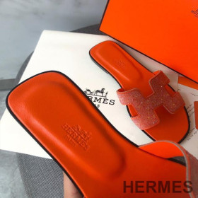 Hermes Oran Slides Women Glitter Leather Red