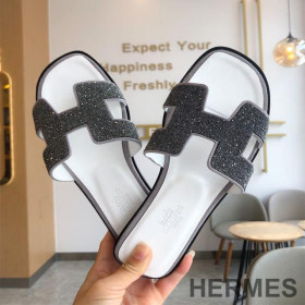 Hermes Oran Slides Women Glitter Leather White/Black