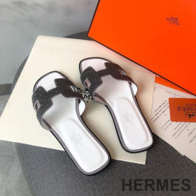 Hermes Oran Slides Women Glitter Leather White/Black