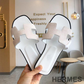 Hermes Oran Slides Women Glitter Leather White