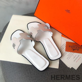 Hermes Oran Slides Women Glitter Leather White