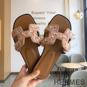 Hermes Oran Slides Women Glitter Leather With Gravel Drill Beige