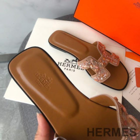 Hermes Oran Slides Women Glitter Leather With Gravel Drill Beige