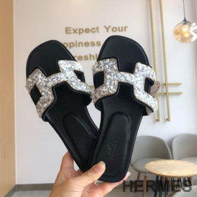 Hermes Oran Slides Women Glitter Leather With Gravel Drill Black/White