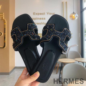 Hermes Oran Slides Women Glitter Leather With Gravel Drill Black