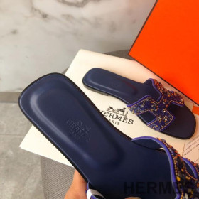 Hermes Oran Slides Women Glitter Leather With Gravel Drill Blue