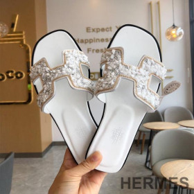 Hermes Oran Slides Women Glitter Leather With Gravel Drill White
