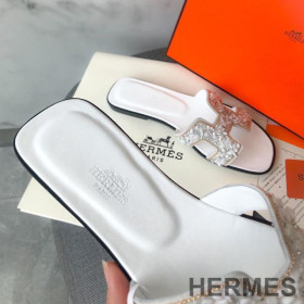 Hermes Oran Slides Women Glitter Leather With Gravel Drill White
