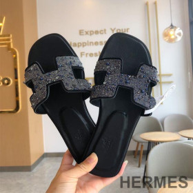 Hermes Oran Slides Women Glitter Leather With Pearl Black/Blue