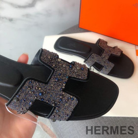 Hermes Oran Slides Women Glitter Leather With Pearl Black/Blue