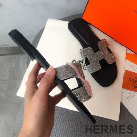 Hermes Oran Slides Women Glitter Leather With Pearl Black/Silver