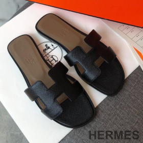 Hermes Oran Slides Women Grain Calfskin Black