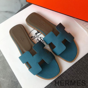 Hermes Oran Slides Women Grain Calfskin Blue