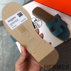 Hermes Oran Slides Women Grain Calfskin Blue