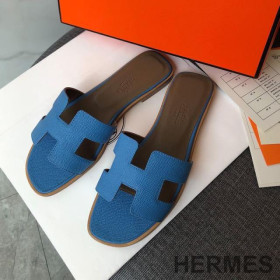 Hermes Oran Slides Women Grain Calfskin Blue
