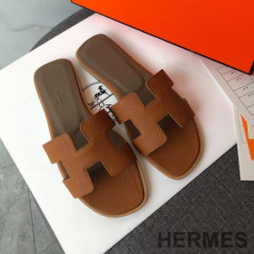 Hermes Oran Slides Women Grain Calfskin Brown