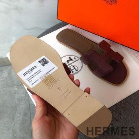 Hermes Oran Slides Women Grain Calfskin Burgundy Red