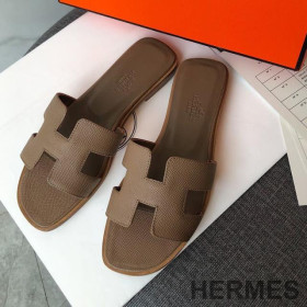 Hermes Oran Slides Women Grain Calfskin Coffee
