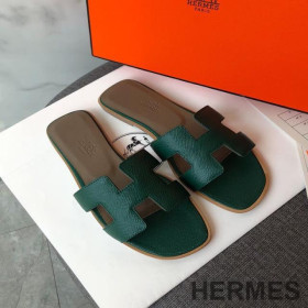 Hermes Oran Slides Women Grain Calfskin Green