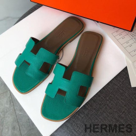 Hermes Oran Slides Women Grain Calfskin Green