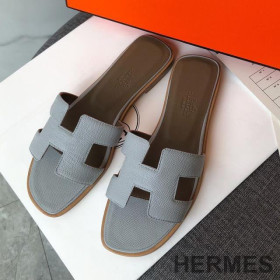 Hermes Oran Slides Women Grain Calfskin Grey