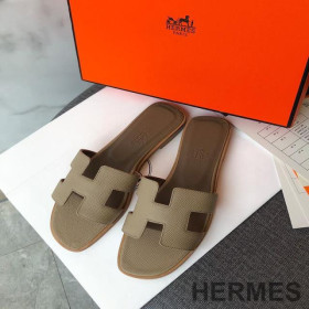 Hermes Oran Slides Women Grain Calfskin Khaki