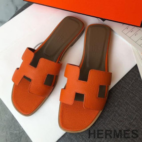 Hermes Oran Slides Women Grain Calfskin Orange