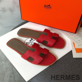 Hermes Oran Slides Women Grain Calfskin Red