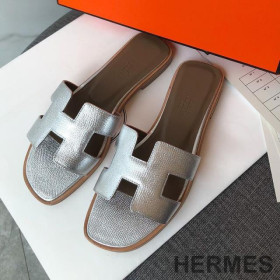 Hermes Oran Slides Women Grain Calfskin Silver