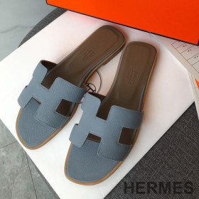 Hermes Oran Slides Women Grain Calfskin Sky Blue