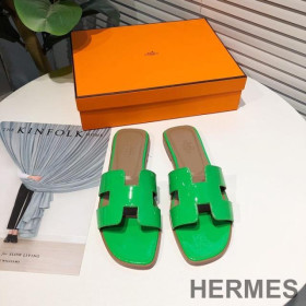 Hermes Oran Slides Women Nappa Leather Green