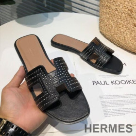 Hermes Oran Slides Women Palladium Studs Calfskin Black