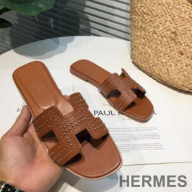 Hermes Oran Slides Women Palladium Studs Calfskin Brown