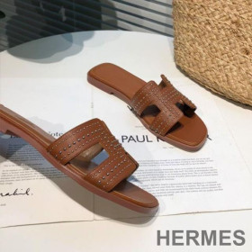 Hermes Oran Slides Women Palladium Studs Calfskin Brown